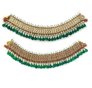 Pair of Anklets, in gold, set with white sapphires, with attached pearls and hanging glass beads; enamel on reverse. 1800-50,North India, Jaipur or Bikaner. The Al-Thani Collection.