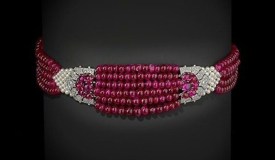The Patiala Ruby Choker set with rubies, diamonds and pearls with platinum mounts. Cartier, circa 1931, Restored and restrung to the original design by Cartier Tradition, Geneva, 2012. The Al-Thani Collection