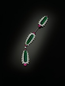 Jabot or Cliquet brooch in silver and gold, set with emeralds, diamonds, pearls and rubies, JAR, 2013. The Al-Thani Collection