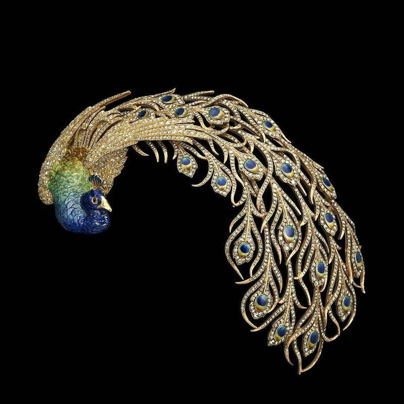 Peacok brooch in gold and enamel set with diamonds, Mellerio dits Meller, 1901. The Al Thani Collection