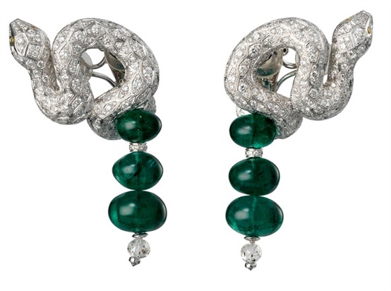 Snake earrings with emerald beads and diamonds, Cartier
