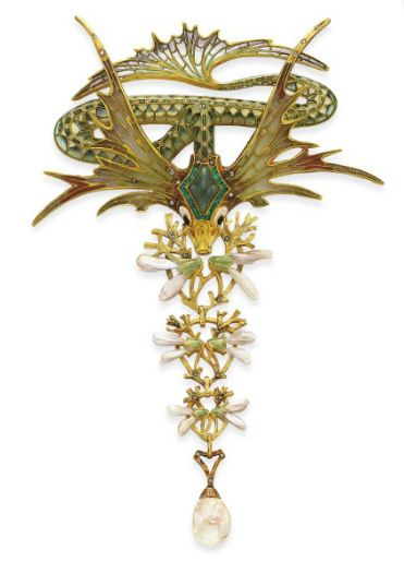 Art Nouveau enamel multi gem and diamond corsage ornament, George Fouquet