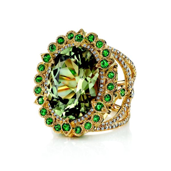 Empress ring set in yellow gold with zultanite and diamonds, Erica Courtney