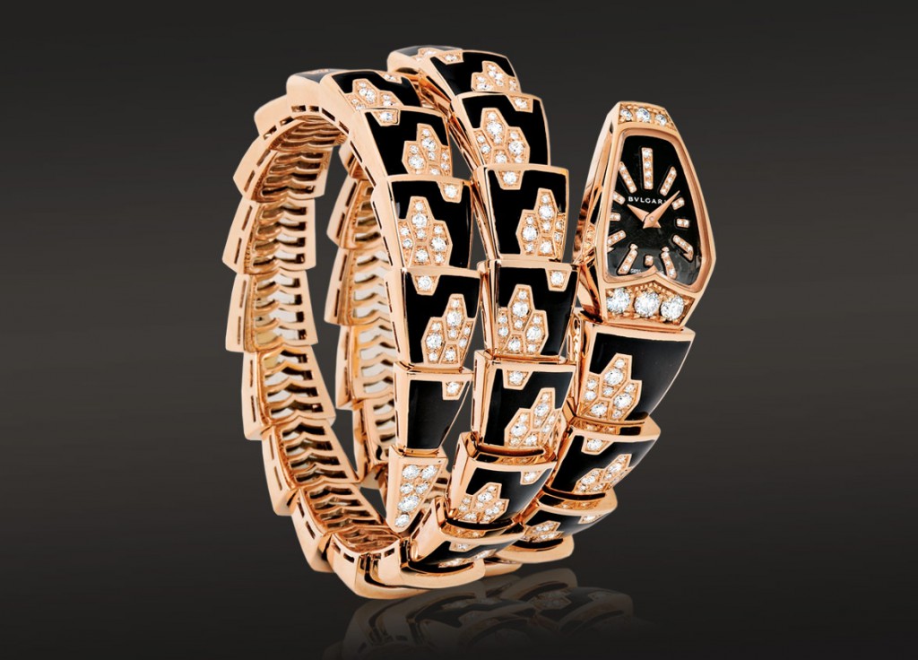 Iconic Serpenti bracelet-watch set in rose gold and enamel with diamonds, Bvlgari