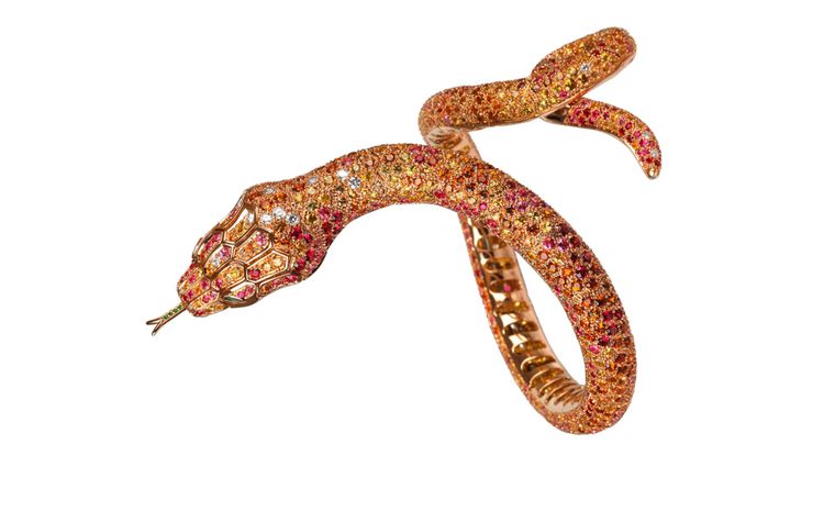 Adam bracelet set in rose gold with spessartite garnets, red and pink spinels, yellow sapphires, emeralds and diamonds, Boucheron