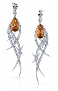 Couture earrings set in white gold with diamonds pave' and pear-shaped zultanites, Stephen Webster