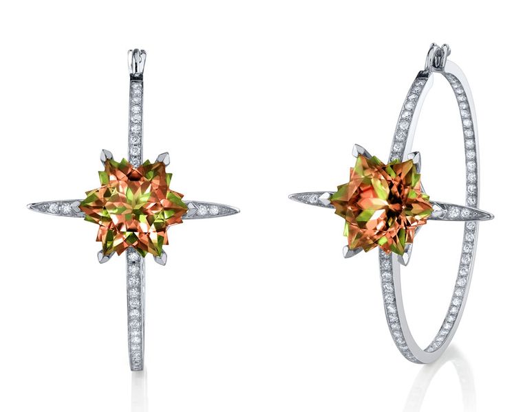 Couture hoop earrings set in white gold with diamonds pave' and snowflake cut zultanites, Stephen Webster
