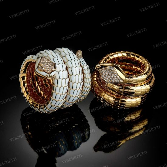 Coiled sprung bracelets set with enamels and brilliant-cut diamonds, Veschetti