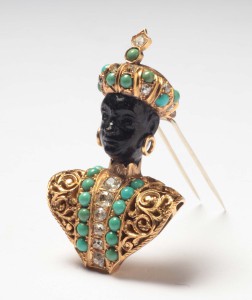 Moretto brooch set in yellow gold with old cut diamonds and turquoises, Nardi