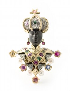 Moretto Paola brooch set in gold and silver with rubies, sapphires, pearls, Nardi