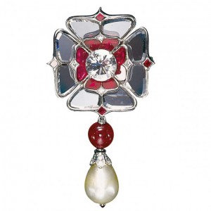 Ruby, diamond and natural pearl brooch, Viren Bhagat