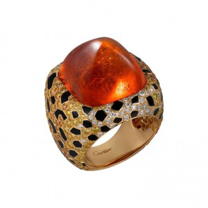 Etourdissant ring featuring an impressive sugar-loaf spessartite garnet, black lacquer, orange diamonds, yellow and white diamonds, Cartier