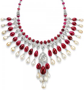 Burmese ruby, diamond, peal necklace, Viren Bhagat. For this necklace, jeweler Viren Bhagat spent 10 years collecting 24 Burmese cabochon rubies