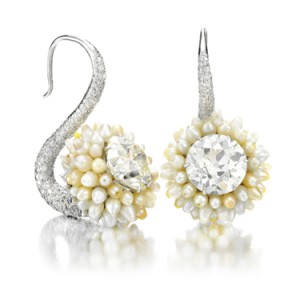 Natural pearl and diamond ear clips, Viren Bhagat