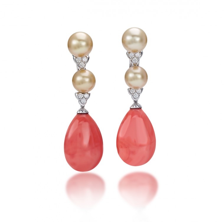 Essentially Colour Coral earrings set with round brilliant-cut diamonds, South Sea Cream pearls and pear-shape coral, Picchiotti