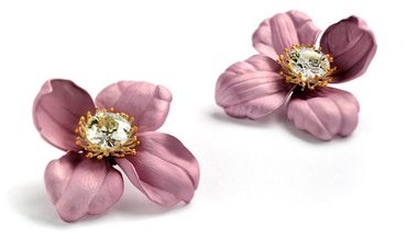 Pink aluminium earrings with old mine cut diamonds in gold, Hemmerle