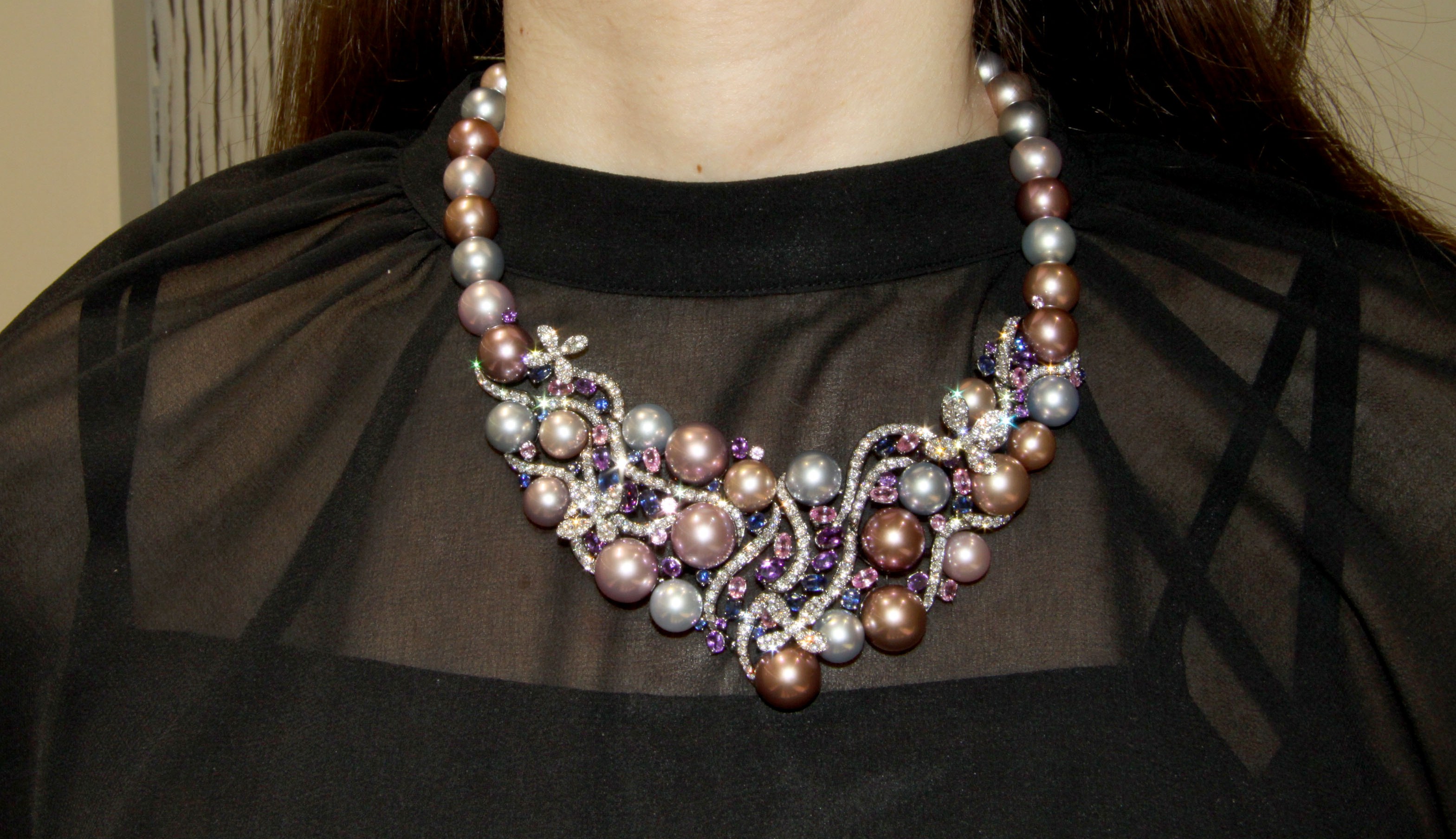 Aphrodite necklace set in black gold with diamonds, sapphires, amethysts, natural Tahitian and Radiant Orchid freshwater pearls -10-13mm, Yoko London