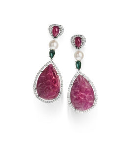 Earrings in white gold with carved rubies, emeralds, pearls, diamonds, Verdi Gioielli