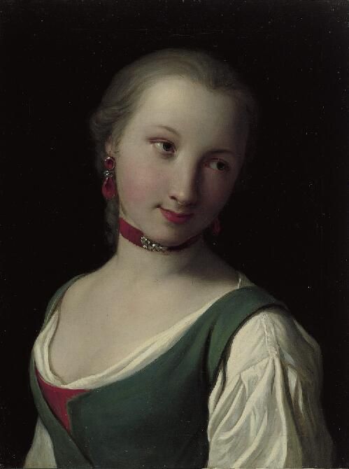Portrait of a woman with green vest, white blouse and red choker, Pietro Rotari, 1750