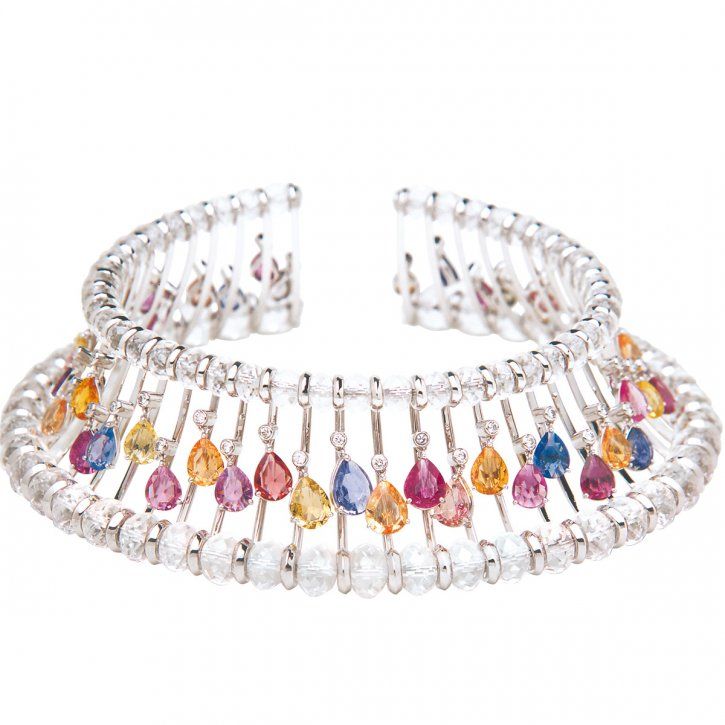 Telaio choker in white gold with multicoloured sapphires and rock crystal, Fabio Salini