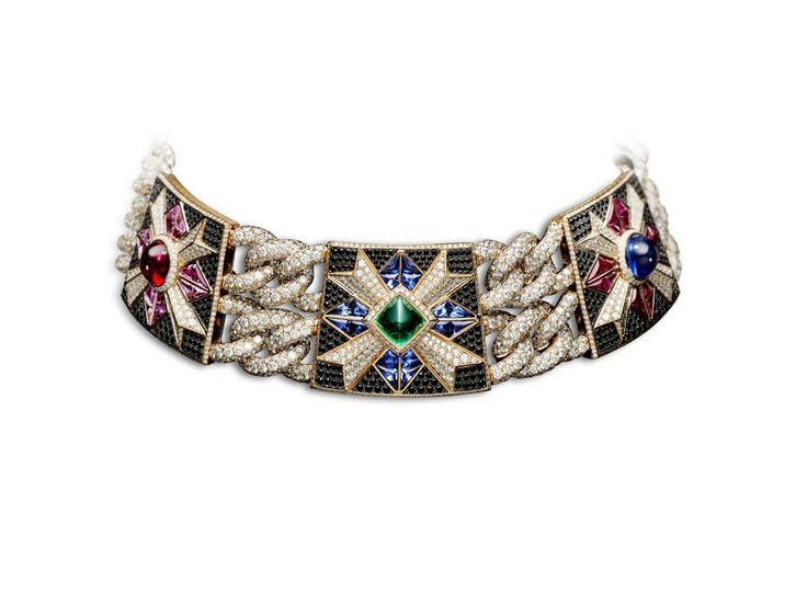Rosa dei Venti choker with a diamond-encrusted chain featuring coloured gemstones, Giampiero Bodino