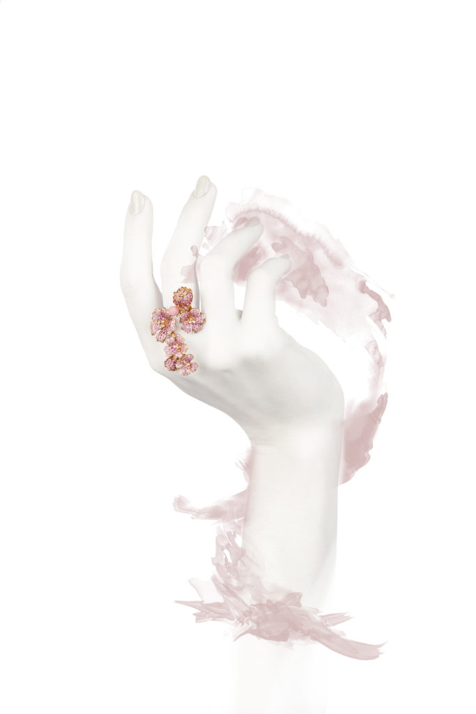 Cherry Blossoms ring set on pink gold with pink sapphires, pink opal, diamonds, Morphee Joaillerie