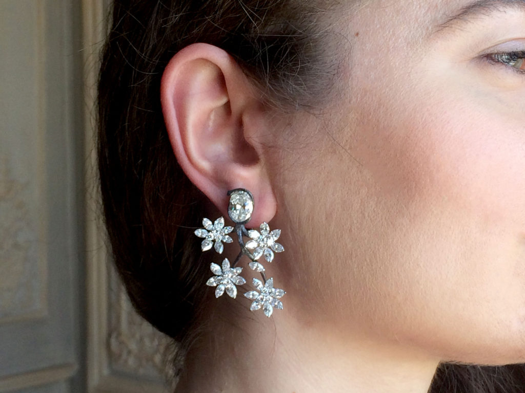 Trembleur earrings featuring D Internally Flawless diamonds, marquise cut diamonds, set on white and black gold. Flowers mounted on a shivering mechanism, Alexandre Reza