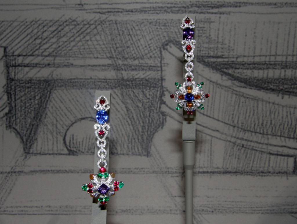Rosa dei Venti earrings featuring blue Ceylan sapphire of 3.61 cts, purple sapphire from Madagascar of 2.37 cts, multi-coloured fine and precious stones, diamonds set on white gold, Giampiero Bodino