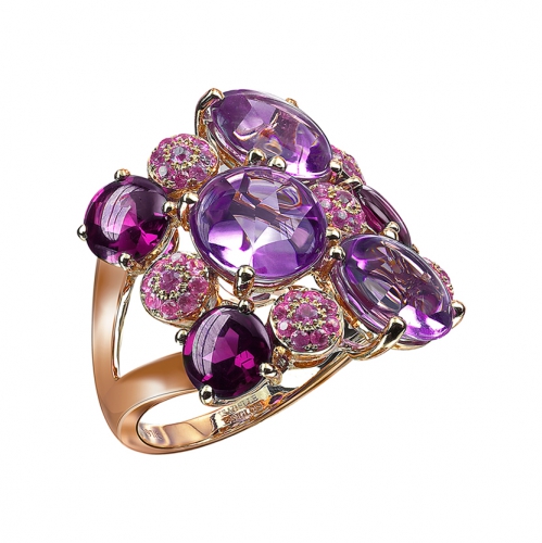 Macarons ring set with amethyst, rhodolite garnet, pink sapphires, diamonds in pink gold, Isabelle Langlois