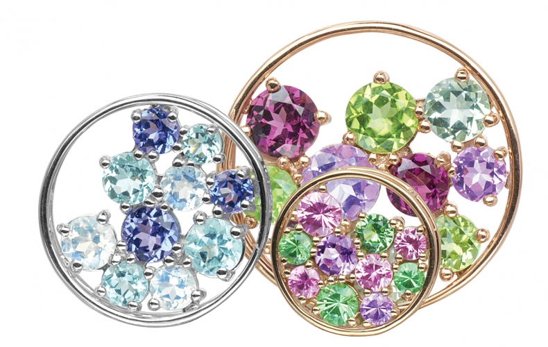 Sac de billes pendants set with amethysts, aquamarines, peridots, rhodolites, pink quartz in pink and white gold, Isabelle Langlois