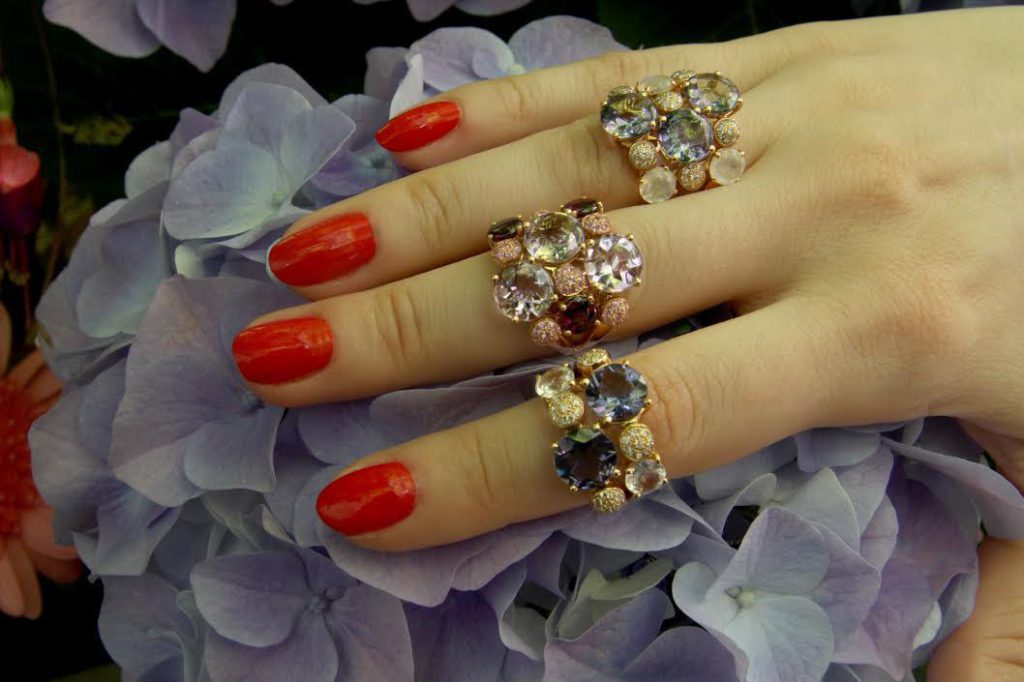 Macaron rings set with amethysts, pink quartz, rhodolite garnets, diamonds, sapphires, Isabelle Langlois