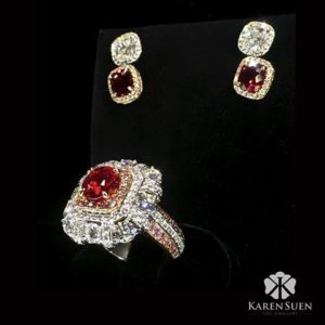 Ruby and diamond earrings and ring, Karen Suen Fine Jewellery