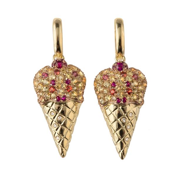 Gelato earrings in yellow gold with multicoloured sapphires, rubies, Vanessa Martinelli