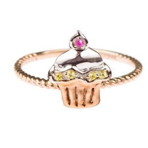 Mini Mio Cupcake ring made of pink gold with yellow sapphires and ruby, vanessa Martinelli