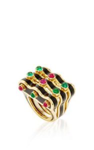 Wave ring with emerald and ruby cabochons, enamel mounted on gold, David Webb