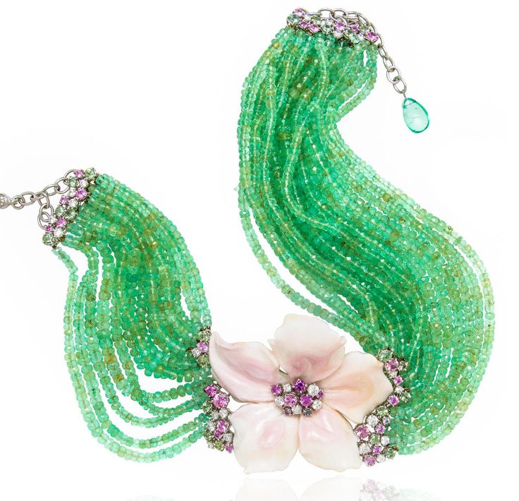 Fiorina choker with emerald beads, carved opal, rubies, diamonds, Scavia