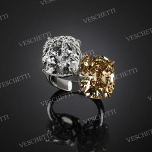 Fancy Dream Crossover ring with cusion cut white and jonquille diamonds, Veschetti