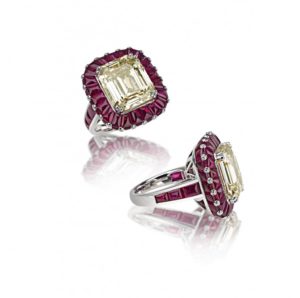 Imperial Ruby Buff Top ring with cushion cut fancy yellow diamond with rubies, Picchiotti