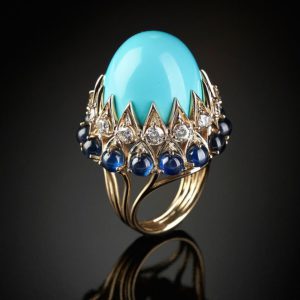 Imperial ring with Persian turquoise cabochon, sapphires, diamonds, mounted on gold, Veschetti