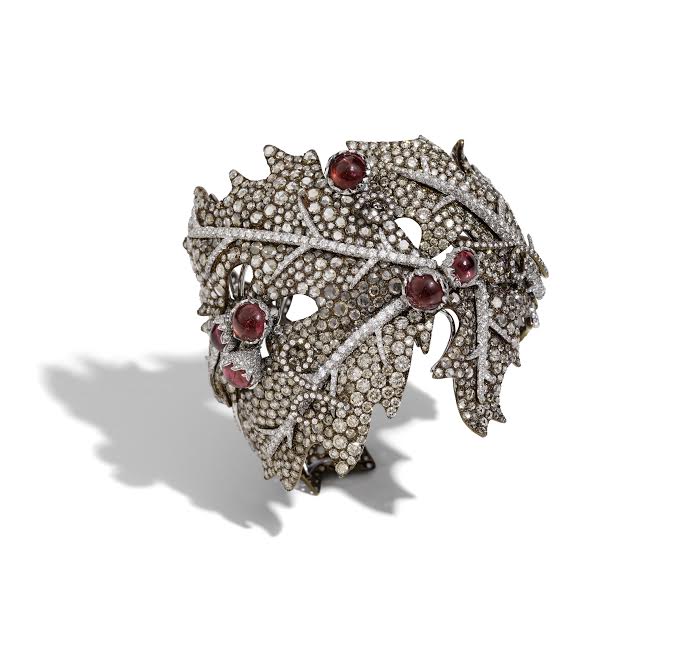 Leaf bracelet cuff featuring brown diamonds, ruby cabochons on white gold, Busatti Milano