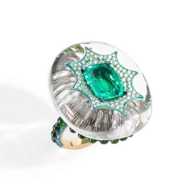 Rock crystal, emerald ring mounted on titanium, paved by diamonds, the shank is embellished with tsavorite cabochons, Busatti Milano