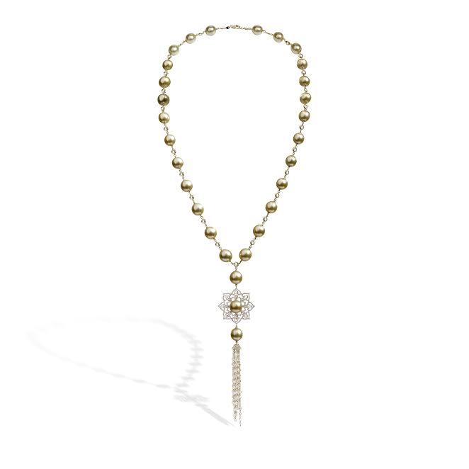 Mandala necklace featuring pearls, diamonds mounted on gold, Busatti Milano
