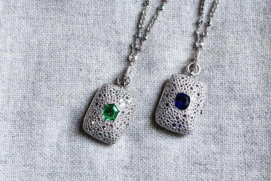 Secret box pendants, featuring emerald, sapphire entirely surrounded by diamond pave, Busatti Milano