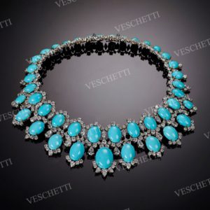 Nadira necklace with Persian turquoise cabochons with diamonds, Veschetti