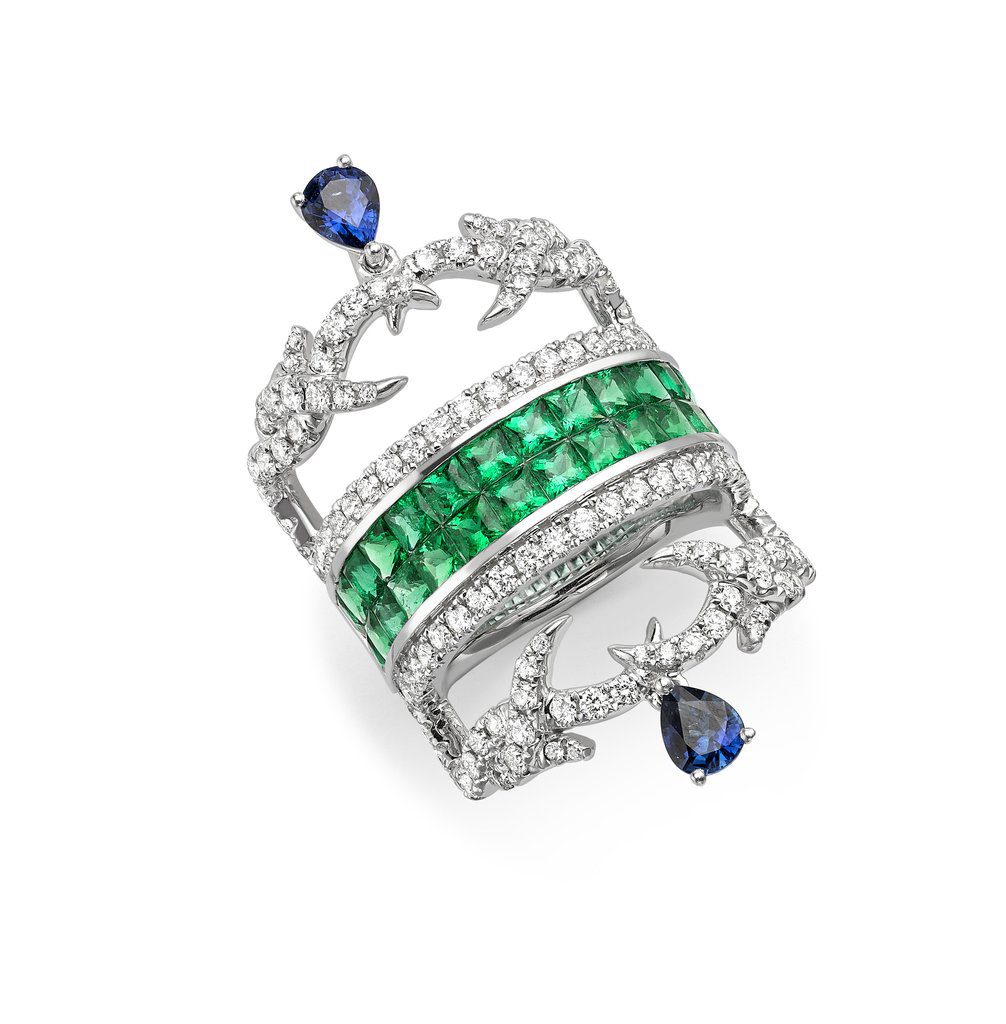 Imperial Crest ring in white gold with emeralds, sapphires, diamonds, Sarah Ho London