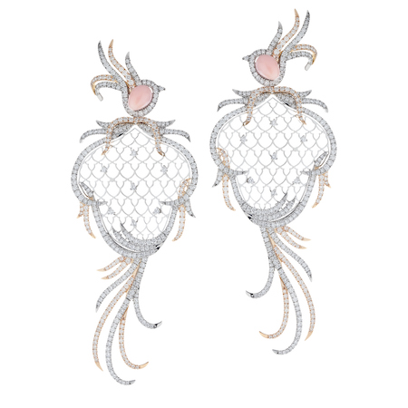 Paradis earrings in platinum and pink gold with conch pearls, diamonds, Sarah Ho London