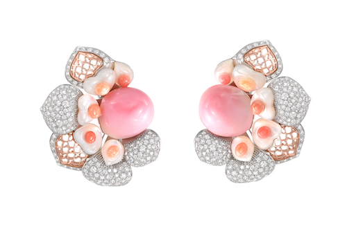 Peony earrings in white and pink gold with conch pearls, mother of pearl, diamonds, Sarah Ho London