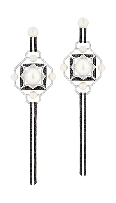 Origami Noir earrings in white gold with white and black diamnds, South Sea pearls, Sarah Ho London