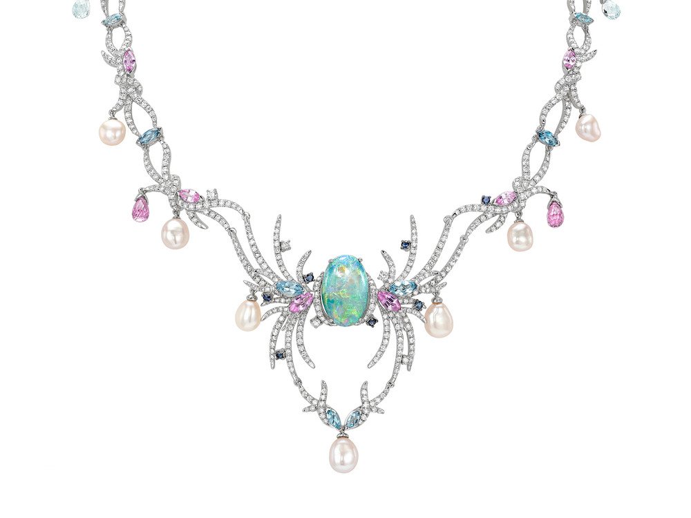 Royal Plume necklace in white gold with opal, aquamarine, pearls, diamonds, Sarah Ho London