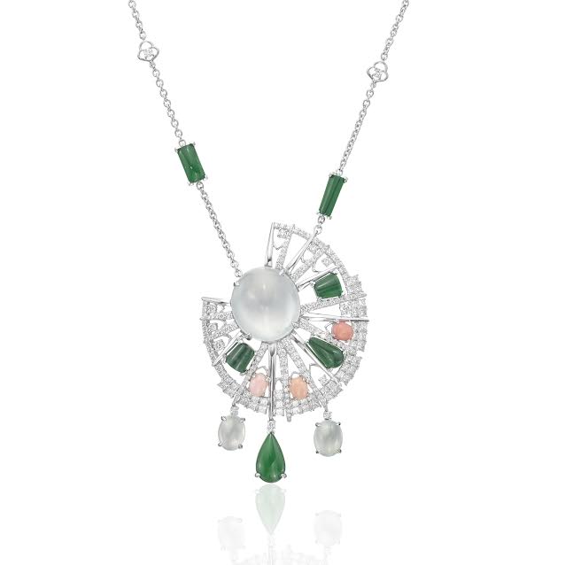 Jade Fan pendant in white gold with white and green jade, conch pearls, diamonds, Sarah Ho London